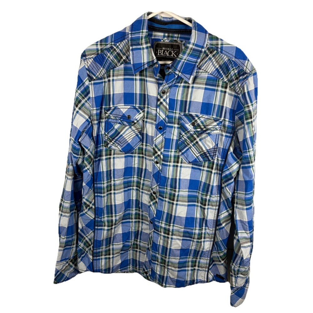 Buckle Black Button Down Shirt Athletic Fit Plaid Western Snap Men L Blue Cowboy